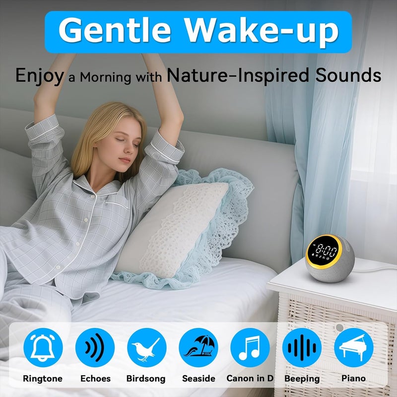 Rohent Sound Machine Alarm Clock for Sleep: Digital Alarm Clocks for Bedrooms, 25 Soothing Sounds, 7 Gentle Wake-up Sounds, 16 Adjustable Volume & Timer, Memory Function (Gray) - Image 3